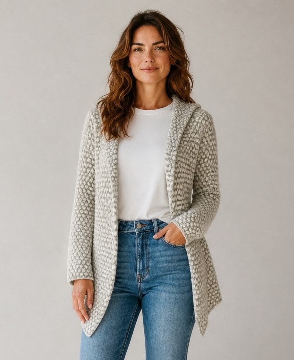 Baciano Duster Cardigan, Gray and White, Size S Crochet Bell Sleeves Boho Beachy
